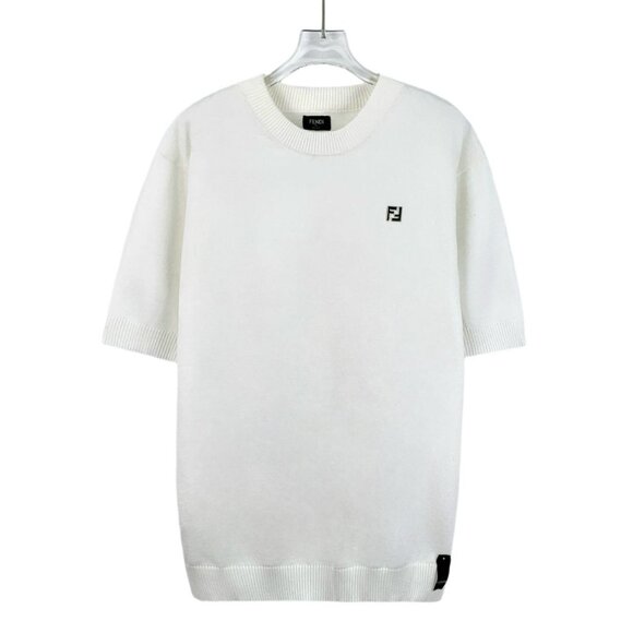 Fendi White Wool Knit Round-Neck Short-Sleeve T-Shirt With Double F Logo Size 46 - Picture 1 of 6